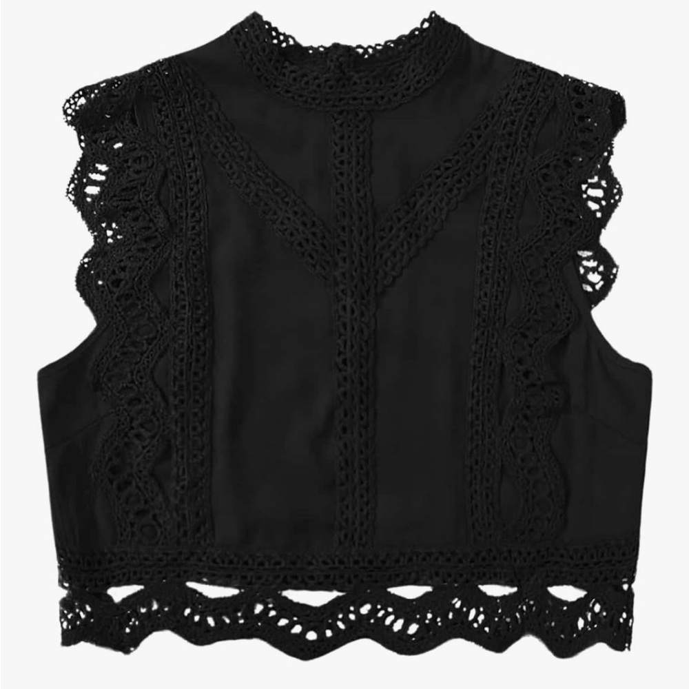 Floerns Mock Neck Guipure Lace Trim Embroidery Blouse‎